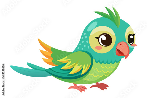 Vector illustration of a vibrant cartoon parakeet, also known as a budgie, featuring bright blue and yellow plumage with green feather detailing.