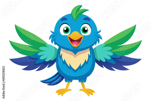 Vector illustration of a vibrant cartoon parakeet, also known as a budgie, featuring bright blue and yellow plumage with green feather detailing.