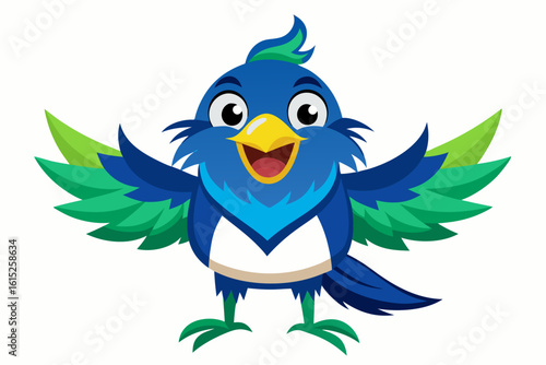 Vector illustration of a vibrant cartoon parakeet, also known as a budgie, featuring bright blue and yellow plumage with green feather detailing.