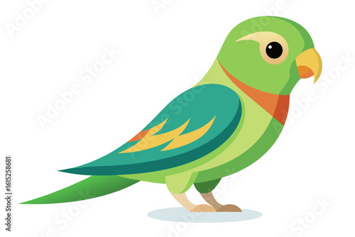 Vector illustration of a vibrant cartoon parakeet, also known as a budgie, featuring bright blue and yellow plumage with green feather detailing.