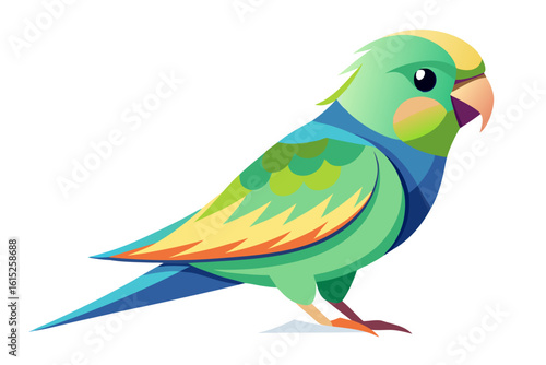 Vector illustration of a vibrant cartoon parakeet, also known as a budgie, featuring bright blue and yellow plumage with green feather detailing.
