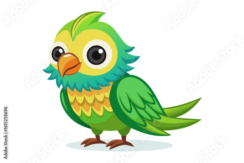 Vector illustration of a vibrant cartoon parakeet, also known as a budgie, featuring bright blue and yellow plumage with green feather detailing.