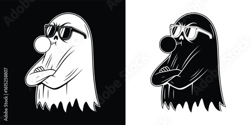 Cool ghost illustration with bubble gum and sunglasses, crossed arms spooky cartoon character with attitude for gothic t shirt design