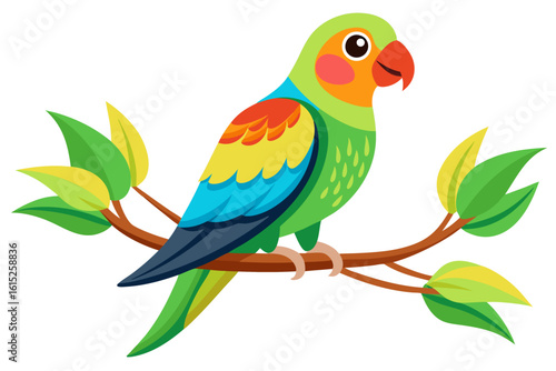 Vector illustration of a vibrant cartoon parakeet, also known as a budgie, featuring bright blue and yellow plumage with green feather detailing.