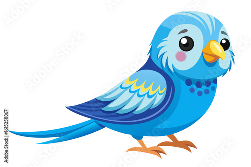 Vector illustration of a vibrant cartoon parakeet, also known as a budgie, featuring bright blue and yellow plumage with green feather detailing.