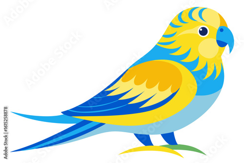 Vector illustration of a vibrant cartoon parakeet, also known as a budgie, featuring bright blue and yellow plumage with green feather detailing.