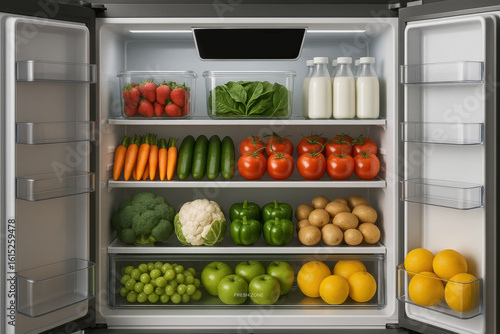 Wallpaper Mural Inside a high-tech fridge, fresh food items are perfectly arranged in clear containers with a touchscreen sensor panel glowing cold blue, reflecting modern home innovation. Torontodigital.ca