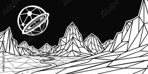 Abstract alien landscape with geometric mountains and orbiting ringed planet
