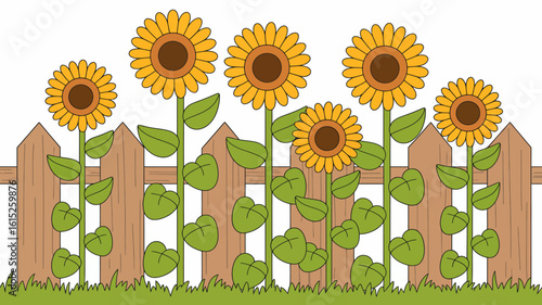 Cheerful Sunflowers Blooming Behind a Wooden Fence in a Summer Garden Illustration Style Depicting Joy and Whimsical Floral Scene