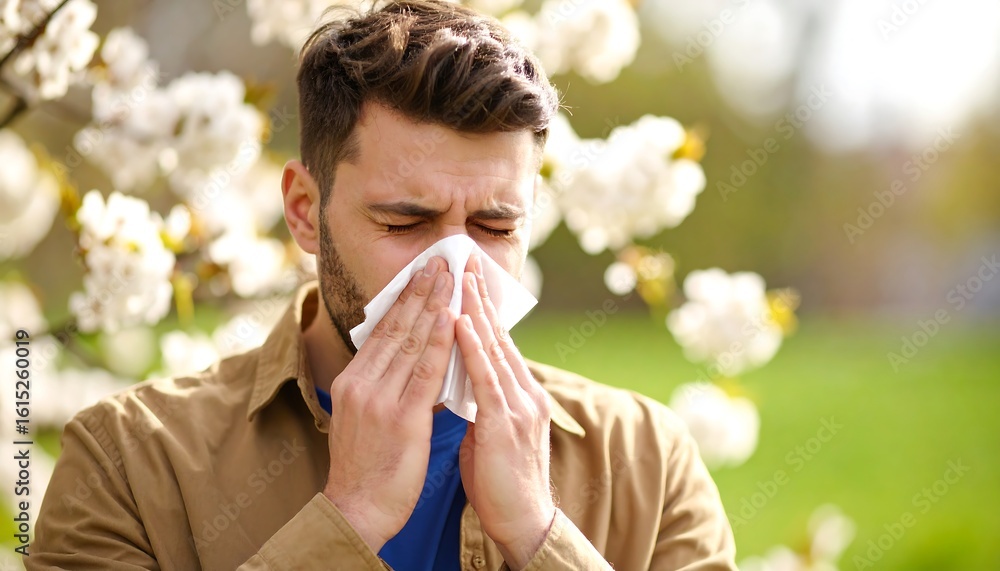 Man blowing his nose outdoors by blossoms Man blowing his nose outdoors by blossoms