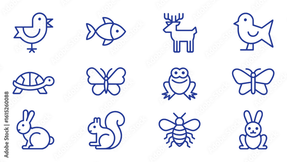 Fototapeta Blue line art animals and insects vector silhouette