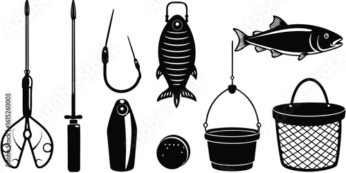 Collection of fishing gear and equipment in a black and white illustration style