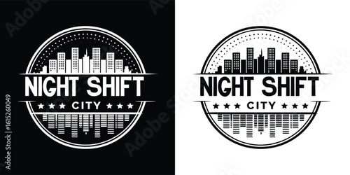 Urban night shift cityscape badge with skyline, stars, and audio equalizer in bold monochrome for t shirt design