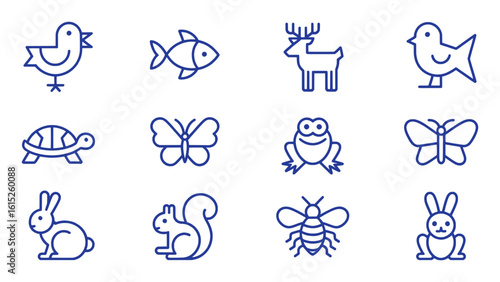 Blue line art animals and insects vector silhouette