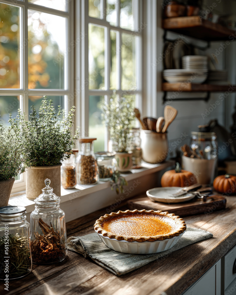 Naklejka premium Baking a pumpkin pie cozy kitchen food photography autumn atmosphere warm lighting culinary art