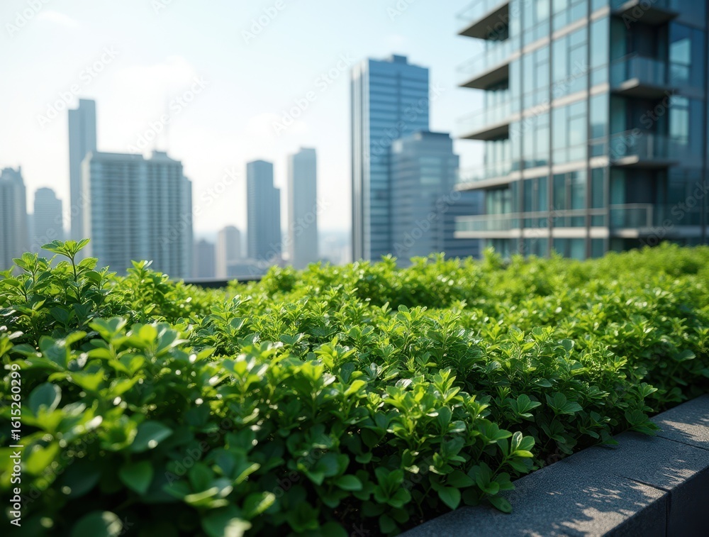 Fototapeta premium A spacious rooftop garden on a modern high-rise is filled with dense green bushes