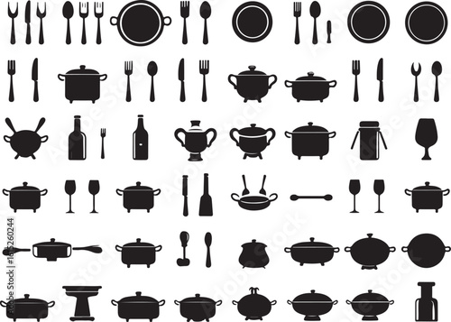 Comprehensive vector set of kitchenware silhouettes. Includes pots, pans, cutlery, and dinnerware icons for culinary design projects.