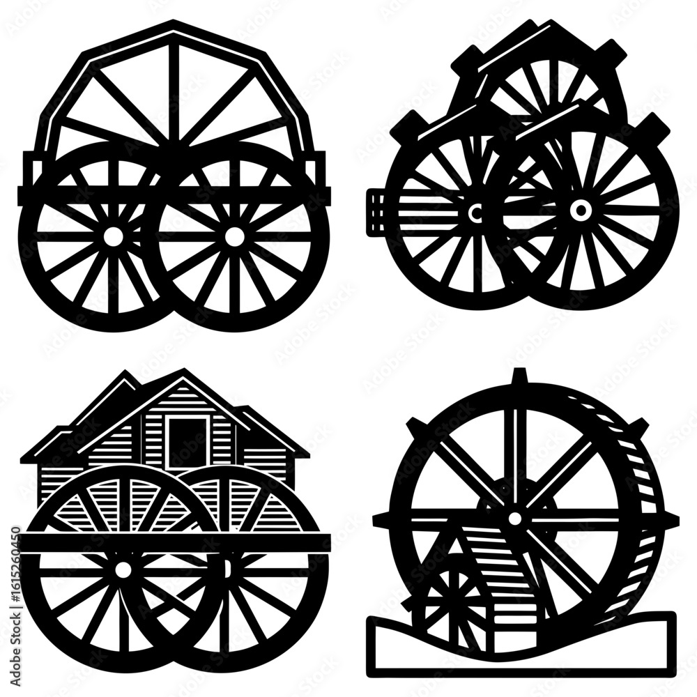 Fototapeta premium Four distinct black and white illustrations of various water wheels and a water mill building design
