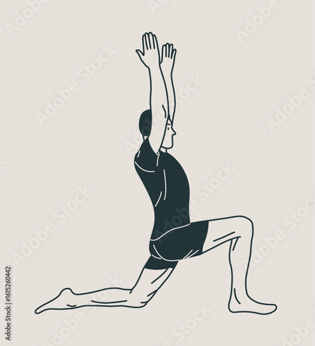 Man doing Yoga, Pilates icon. Slim person. Hand drawn black outline Vector illustration. Low lunge pose. Health care and lifestyle concept. 