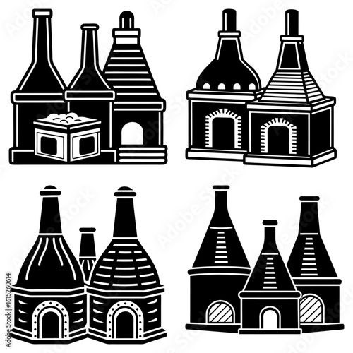 Illustrative graphic of various industrial kilns and furnaces in a stylized black and white design style