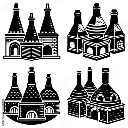 Illustration of four distinct groupings of kilns with varying designs and architectural features shown