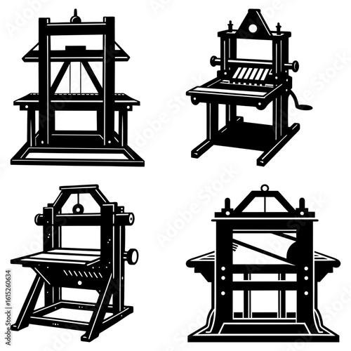 Illustration showing four different styles of antique printing presses in black and white drawing style