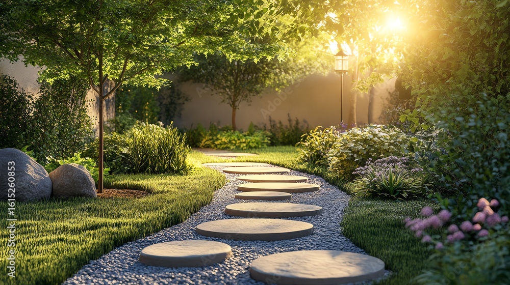 An enchanting ornamental garden pathway adorned with stepping stones and solar lights, showcasing realistic shadows and lush greenery. An enchanting ornamental garden pathway adorned with stepping stones and solar lights, showcasing realistic shadows and lush greenery.