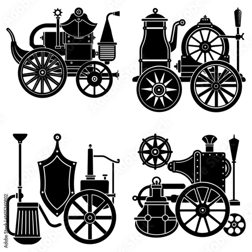 Illustration of four vintage steam powered vehicles with intricate details and ornate designs in black silhouette