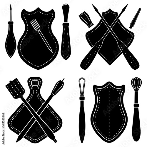 Collection of black and white leather crafting tools arranged in a symmetrical composition design style