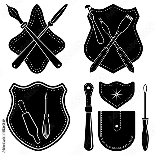 Collection of black and white shields displaying various tools and implements in a graphic style