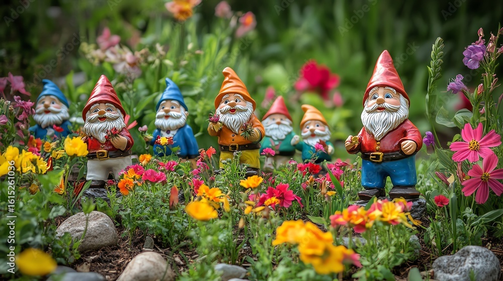 Fototapeta premium A colorful collection of garden gnomes is playfully arranged around vibrant flower beds, creating a whimsical outdoor scene.