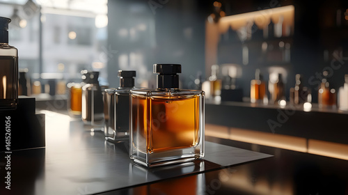 Modern perfume display in a sleek shop, featuring amber-hued bottles on a polished counter, bathed in natural light