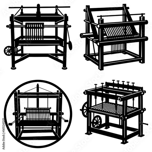 Four black and white illustrations of vintage weaving looms in varying styles and configurations shown