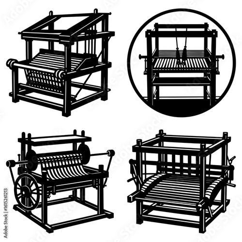 Illustration showing four different types of old fashioned weaving looms in a black and white style