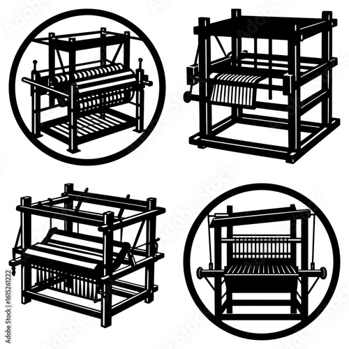 Four illustrations of vintage weaving looms in black and white showcasing textile production methods