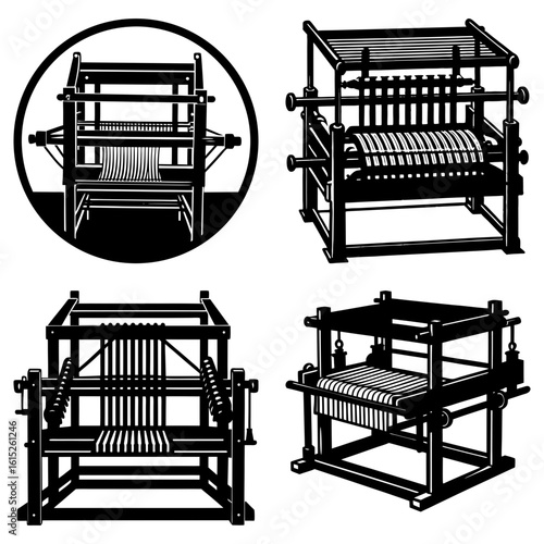 Four illustrations of weaving looms in black and white showing different perspectives and designs of looms