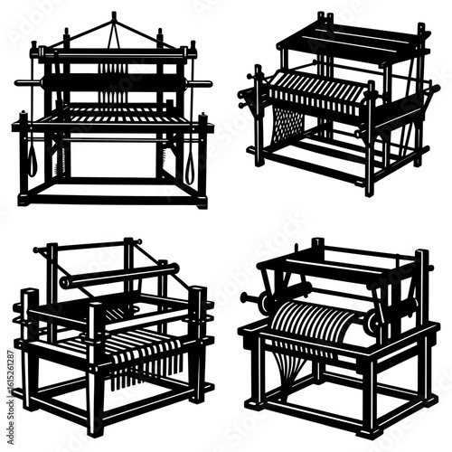 Four different weaving looms in black and white showing the mechanics of the weaving process clearly