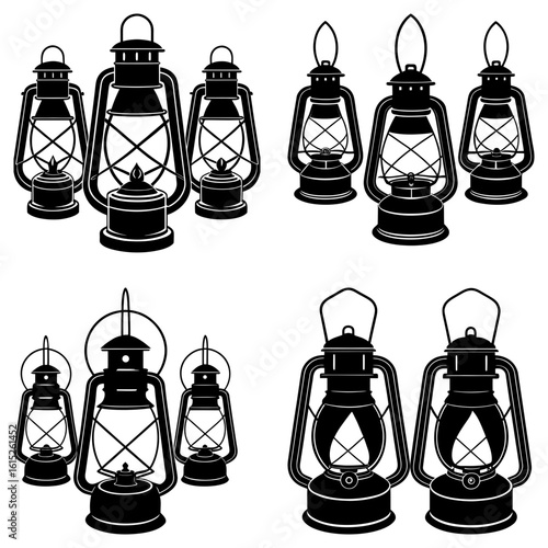 Collection of vintage kerosene lanterns with different designs in black and white illustration style