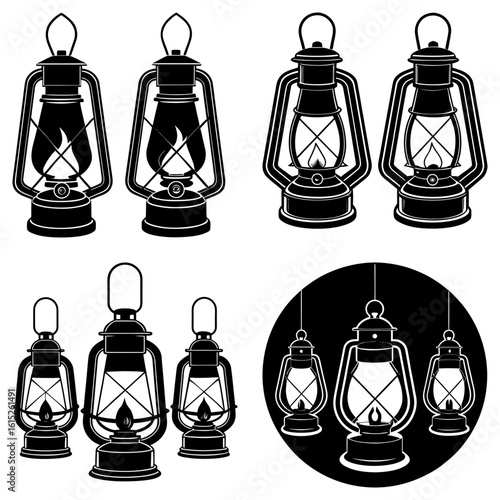 Collection of vintage kerosene lanterns in various sizes and arrangements in black and white style image