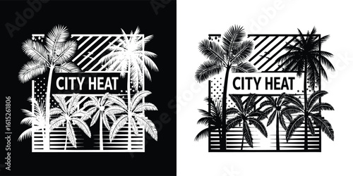 City Heat tropical palm tree illustration with geometric lines and retro sunset layout for summer t shirt design in black and white style