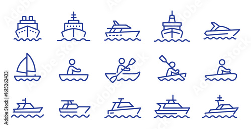 Blue maritime transport and watercraft icons boat ship