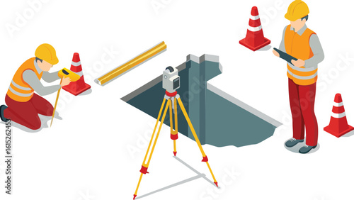 Isometric view of surveyors working around an open trench with safety cones and surveying equipment used