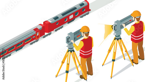 Isometric illustration of land surveyors working near a red train on a white background scene view