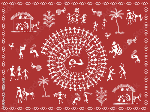 Illustration of Indian Tribal Painting. Warli Art Vector Design.