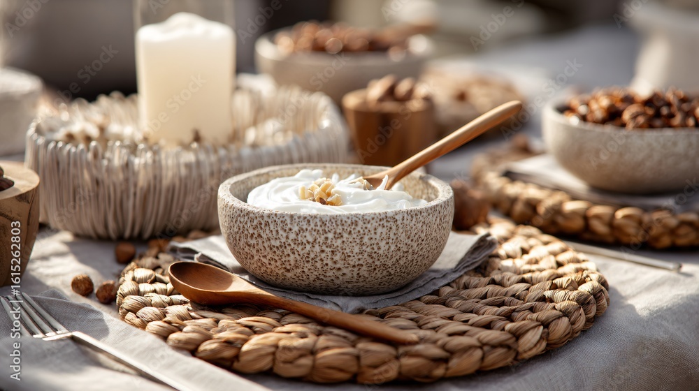 A soft rustic picnic with woven placemats, yogurt bowls, and nuts, pale neutral tones A soft rustic picnic with woven placemats, yogurt bowls, and nuts, pale neutral tones
