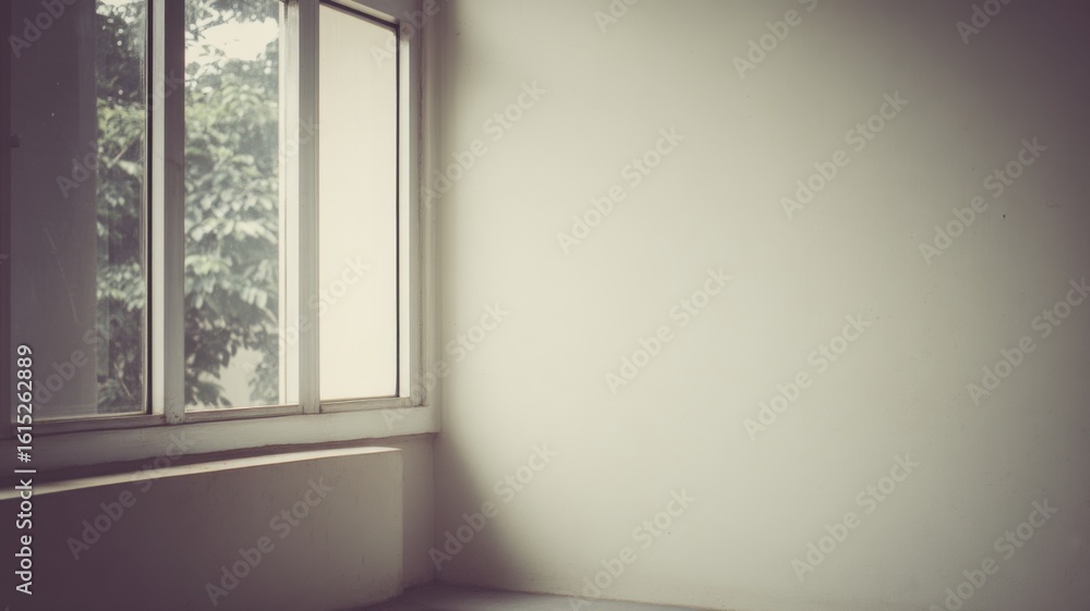 Fototapeta premium A minimalist room corner with a white-framed window, fluffy clouds visible outside,
