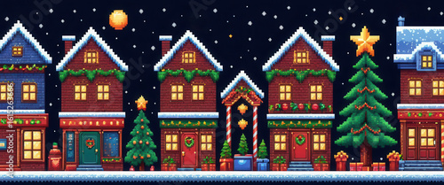 Pixel art arcade game level background for christmas, decorated illuminated city houses, starry night background . 8bit Retro game concept. Large Banner size