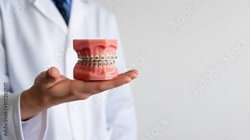 Dentist holding dental model with braces showcasing orthodontic treatment and smile correction for healthy teeth and perfect alignment in a clinical setting