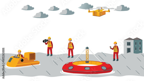 Illustration showing a flooded area with people in safety gear and rescue equipment including a drone