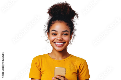 Smiling young woman with curly hair holding a smartphone isolated on transparent background